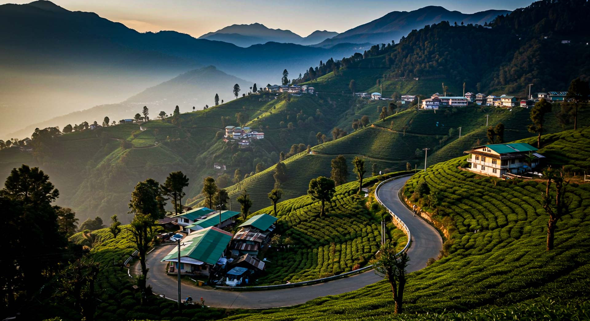 Hill road winding through tea gardens